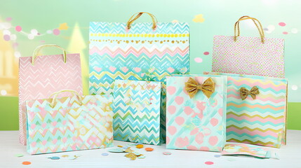 Festive Gift Bags on Table with Lights and Confetti