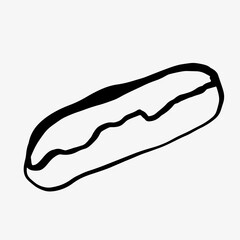 Hand-drawn sketch of an eclair, isolated on white. Vector illustration of a sweet glazed French eclair, a classic cream-filled dessert. Ideal for menus, cafes, recipes, bakery