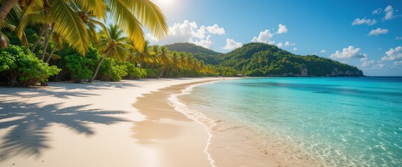 Naklejka premium A picturesque sandy beach adorned with swaying palm trees, their fronds gently rustling in the warm breeze, meets the sparkling blue water of the ocean under a clear sky.