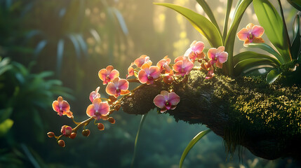 Lush orchids bloom on a mossy branch in a tropical setting. © Muhammad