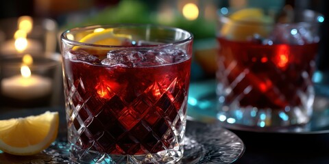 Refreshing drink garnished with lemon slices in elegant glassware during an evening gathering