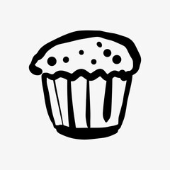 Hand-drawn doodle sketch of a muffin or cupcake with raisins. A tasty dessert illustration, ideal for bakery branding, food concepts, menus, and sweet treat designs