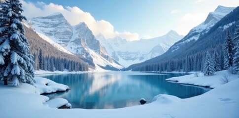 A frozen lake surrounded by snow-covered mountains and trees in a serene winter wonderland, peaceful, mountain, landscape
