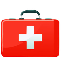 Obraz premium Red First Aid Kit with White Cross on Handle – Emergency Medical Box Icon Isolated on White Background