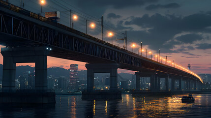 Fototapeta premium Pixelated City Bridge At Dusk Over River