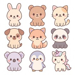 Kawaii Animal Collection – 9 Cute Creatures in Soft Pastel Style on White Background