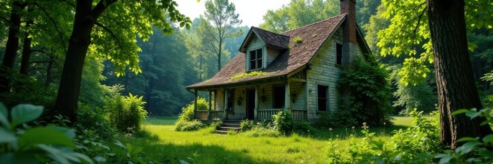 Fototapeta premium Overgrown abandoned house, overgrowth, vines