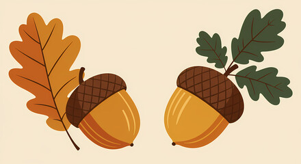 Acorns and Leaves Illustration in Warm Earthy Tones  