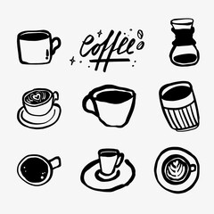 Hand-drawn doodle sketch set of coffee, cups, and various brewing methods. A creative illustration featuring different coffee styles, perfect for coffee branding, menus, and coffee-related designs.