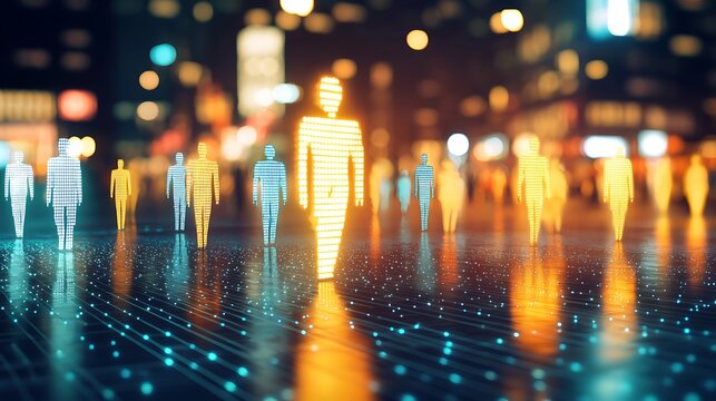 Digital figures walking in a futuristic cityscape urban environment conceptual art night view