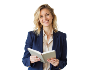Business portrait isolated on white transparent background: A smiling woman with blonde hair, wearing a navy blazer over a cream shirt, confidently holds a notebook while looking directly at the cam