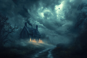 Fototapeta premium Dark house in forest under full moon.