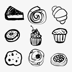 Hand-drawn doodle sketch of a croissant, buns, cake, muffin, and cupcake. A charming illustration perfect for bakery branding, dessert menus, food-related designs, and sweet treat creations.