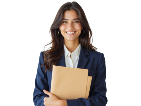 Business portrait isolated on white transparent background: A smiling young woman with dark hair, wearing a navy blazer and white shirt, confidently holds a folder while looking directly at the view