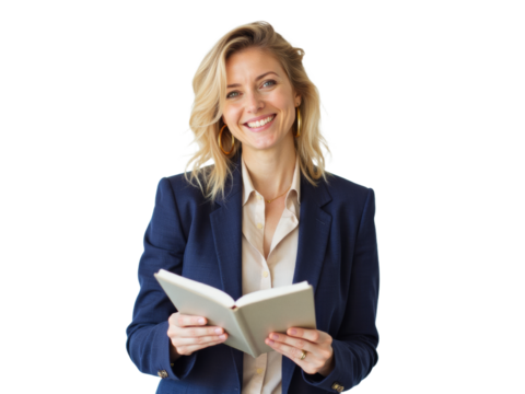 Business portrait isolated on white transparent background: A smiling woman with blonde hair, wearing a navy blazer over a cream shirt, confidently holds a notebook while looking directly at the cam