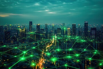 Futuristic green digital city with glowing lights