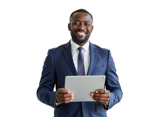 Business portrait isolated on white transparent background: A smiling Black man in a navy suit and tie confidently holds a tablet while looking directly at the viewer against a plain white backgroun