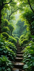 Fototapeta premium A winding path meanders through a lush jungle, flanked by vibrant green foliage, towering trees, and colorful tropical flowers, inviting exploration into the dense wilderness.