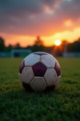 Fototapeta premium Oval ball on sports field at dusk, sunset, football