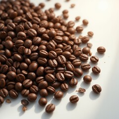Obraz premium A generous pile of rich, dark coffee beans rests atop a pristine white plate, showcasing their glossy texture and deep brown hues, inviting coffee lovers to indulge in their aroma.