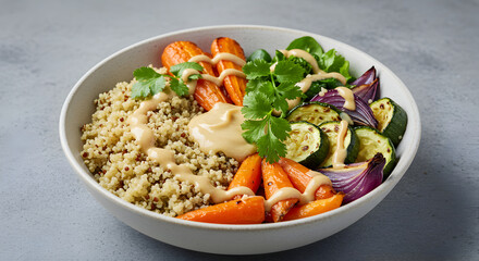 Nutritious Quinoa Bowl With Roasted Vegetables And Creamy Tahini Dressing