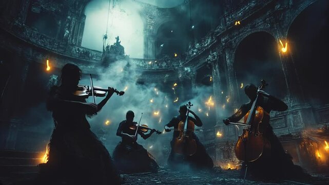 Melody in Darkness: A haunting image captures a string quartet performing within a shadowy gothic ruin, bathed in an eerie ethereal glow. Their silhouettes suggest a story of timeless music.