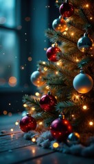 Twinkling Christmas tree surrounded by sparkling glass balls and shimmering fairy lights,  holiday decor,  christmas tree