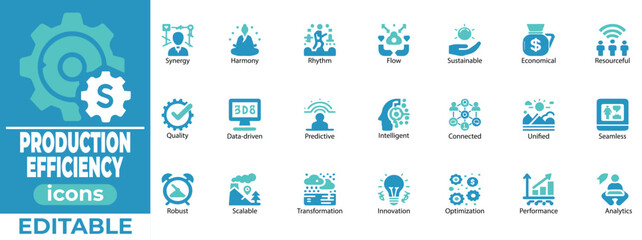 Optimized production efficiency vector sets for lean workflow, KPI tracking, process improvement, and productivity

