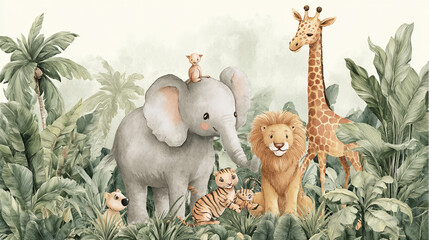 Watercolor illustration of elephant, lion, giraffe, tiger and other animals in lush tropical foliage, showcasing a serene jungle scene ideal for children's room decor or nature-themed designs