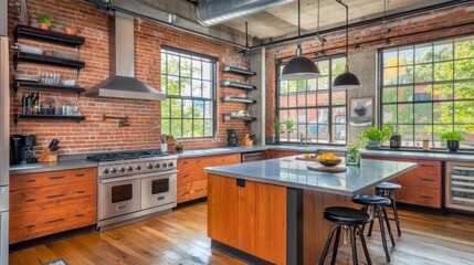 Fototapeta premium Modern kitchen interior design featuring brick walls and wooden cabinetry