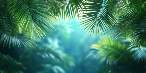 Lush green palm leaves create a vibrant canopy in a tropical rainforest under soft sunlight