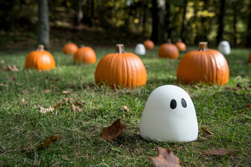 Group of pumpkins sitting on the ground, surrounded by fallen autumn leaves under a clear blue sky.