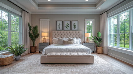 Omaha, Nebraska - June 2, 2021: High-end, well-lit bedroom featuring a king-size bed and premium furnishings in a luxurious residence