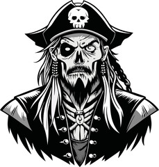 A skull wearing a pirate hat and beard