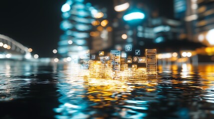 Digital transformation visualization over water cityscape data analysis urban night abstract concept
