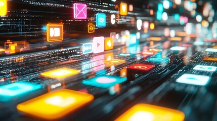 Digital interface interaction virtual space iconography display modern technology dynamic perspective