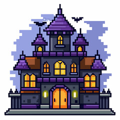Pixel Art Haunted Mansion with Bats and Dark Sky in Retro Gothic Style