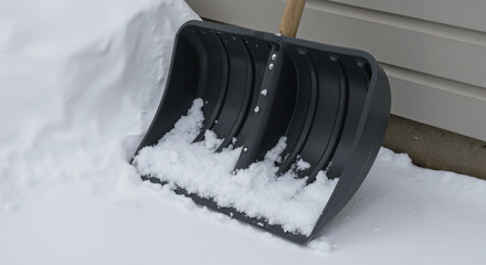 Snow Shovel Against Snowy Ground in Winter  