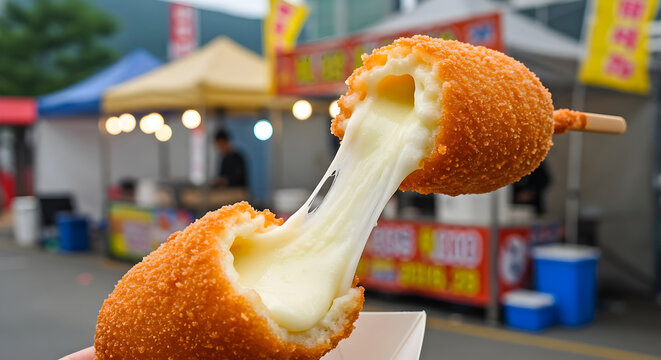 Korean Corn Dog With Melting Cheese At A Street Food Market