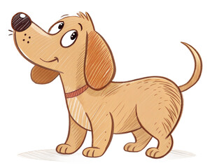 Cartoon dog smiling and playful against a white background  