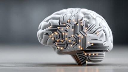 Digital brain visualization showcasing circuits and corporate transformation concepts in a modern environment