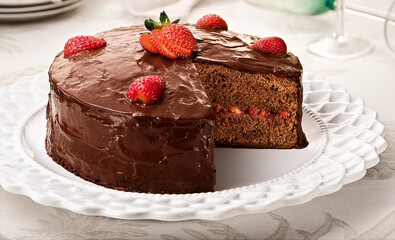 Delicioso bolo de chocolate com morangos frescos