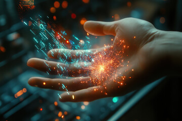 Person holding laptop emitting glowing light.