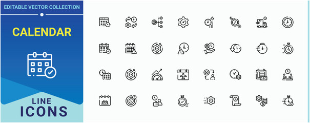 Calendar line icon set. Contain linear symbols countdown, alarm, day, time management and more. Date And Time icon set. Minimal thin line web icons set. Editable vector illustration.