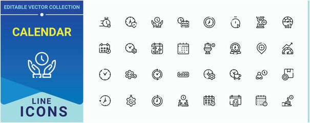 Calendar line icon set. Contain linear symbols countdown, alarm, day, time management and more. Date And Time icon set. Minimal thin line web icons set. Editable vector illustration.