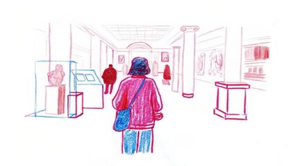 Person admiring exhibits in a museum hallway  