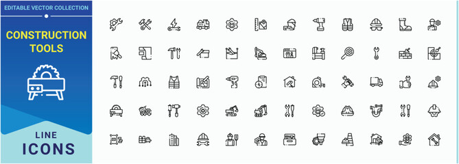 Construction Tools modern icon set. Related to house, plumbing, tool, construction, equipment and more. Minimal linear icons. Power Tools line icon. Editable stroke vector art.
