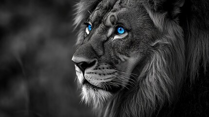Majestic black-and-white lion with piercing blue eyes, a symbol of rare beauty and untamed wilderness.