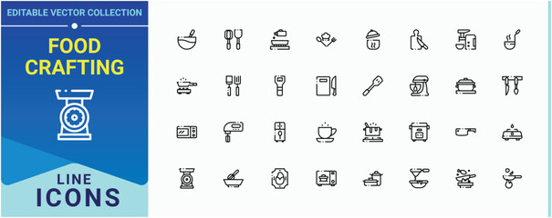 Food Crafting icon set. Contains related to recipe, cook, bake, restaurant, utensil, kitchen and more. Cooking vector line icon set. Minimalist icons pack. Vector illustration.