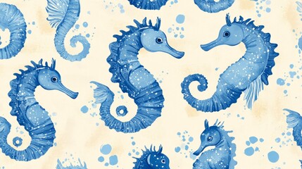 Seamless pattern of blue seahorses on a light cream background	
